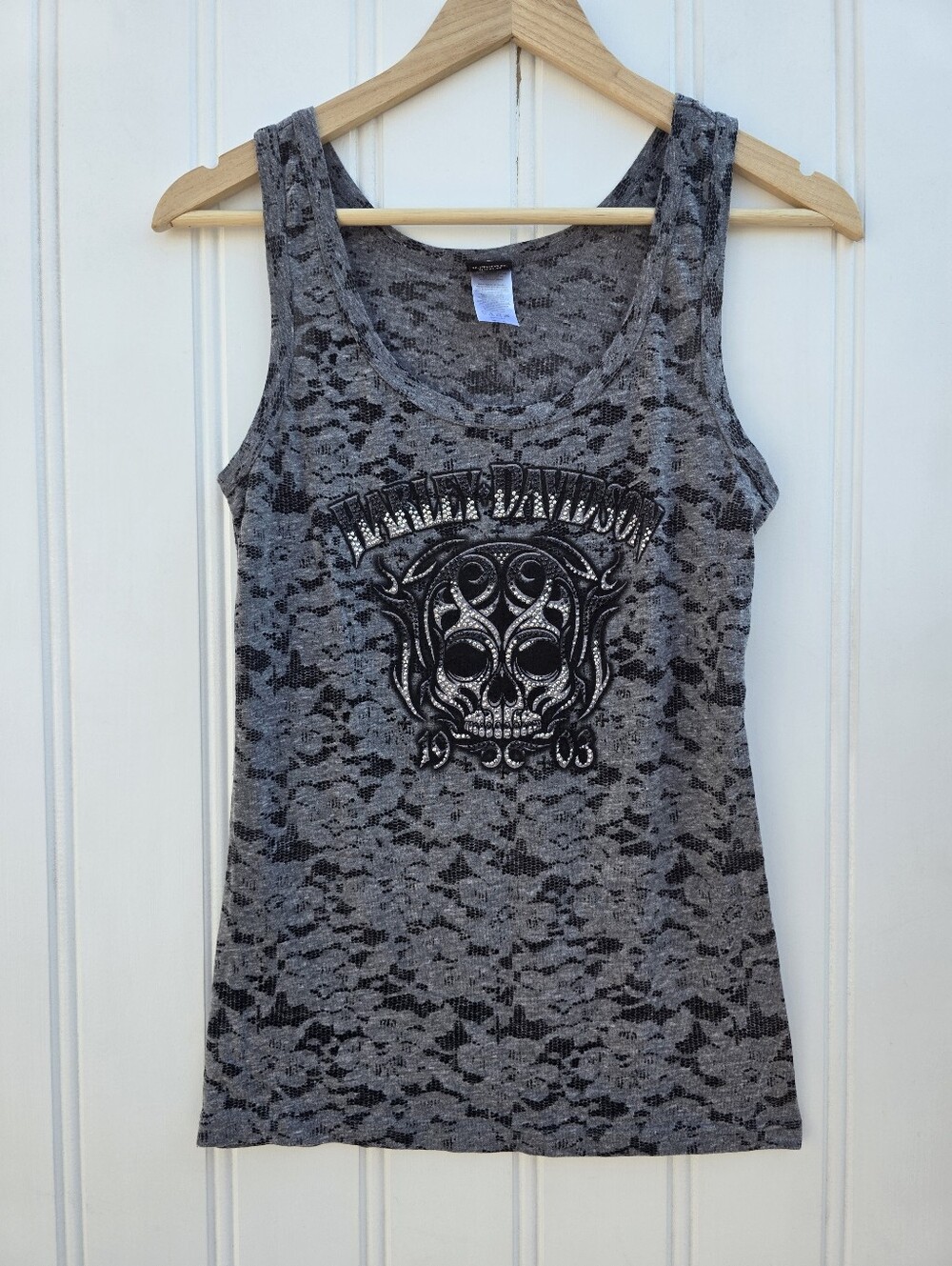 Harley Davidson Rhinestone Biker Motorcycle Grey Bling Tank Top Womens Med